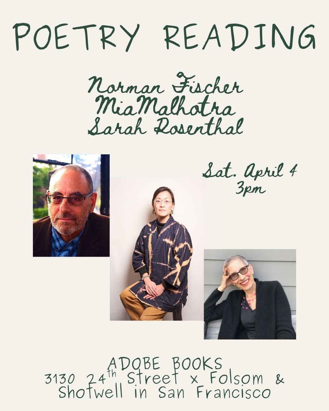 Flyer for poetry reading at Adobe Books in SF.