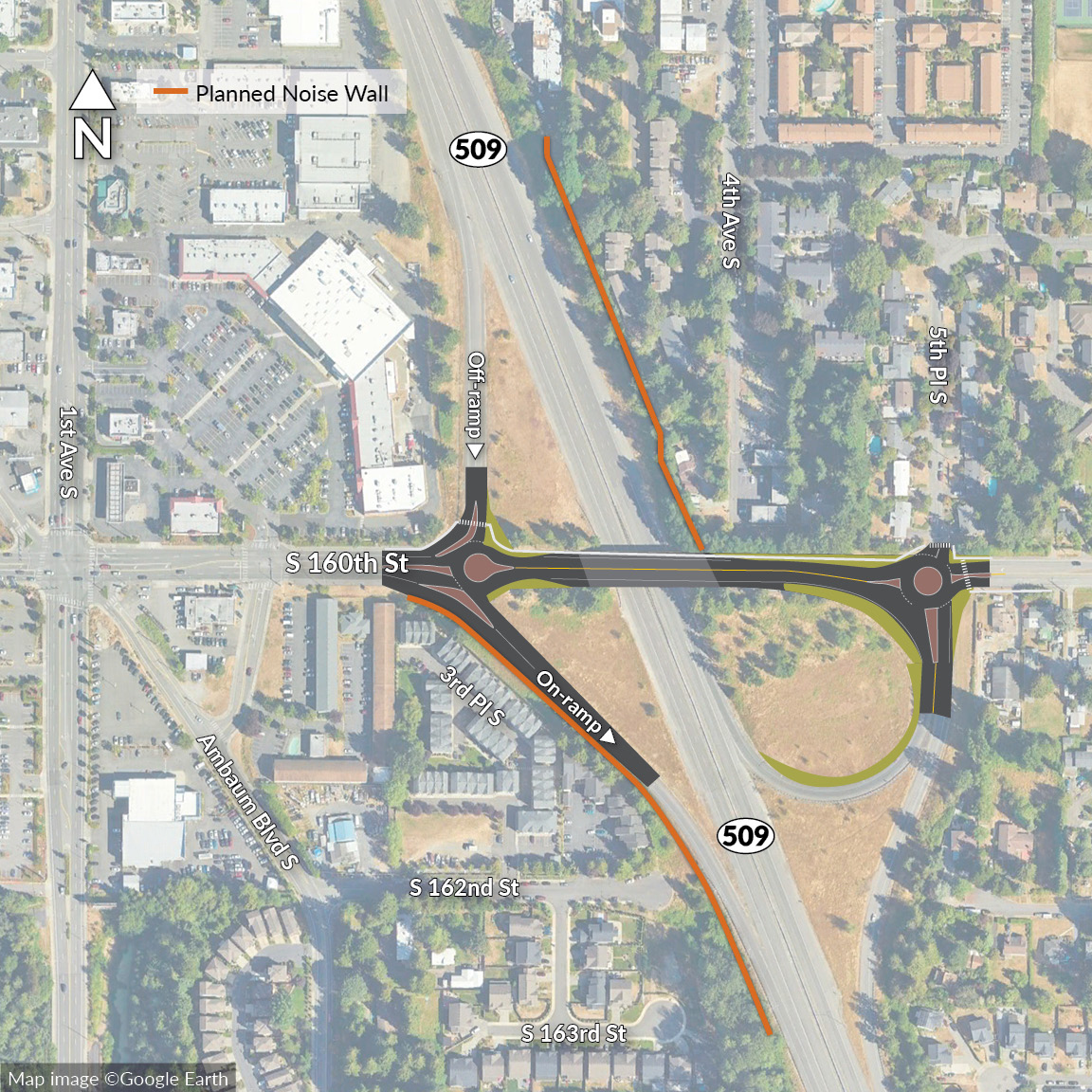 Vista aérea de una glorieta en la intersección de S 160th Street y SR 509. Dos muros antirruido planificados están marcados en naranja a lo largo de la SR 509. 
