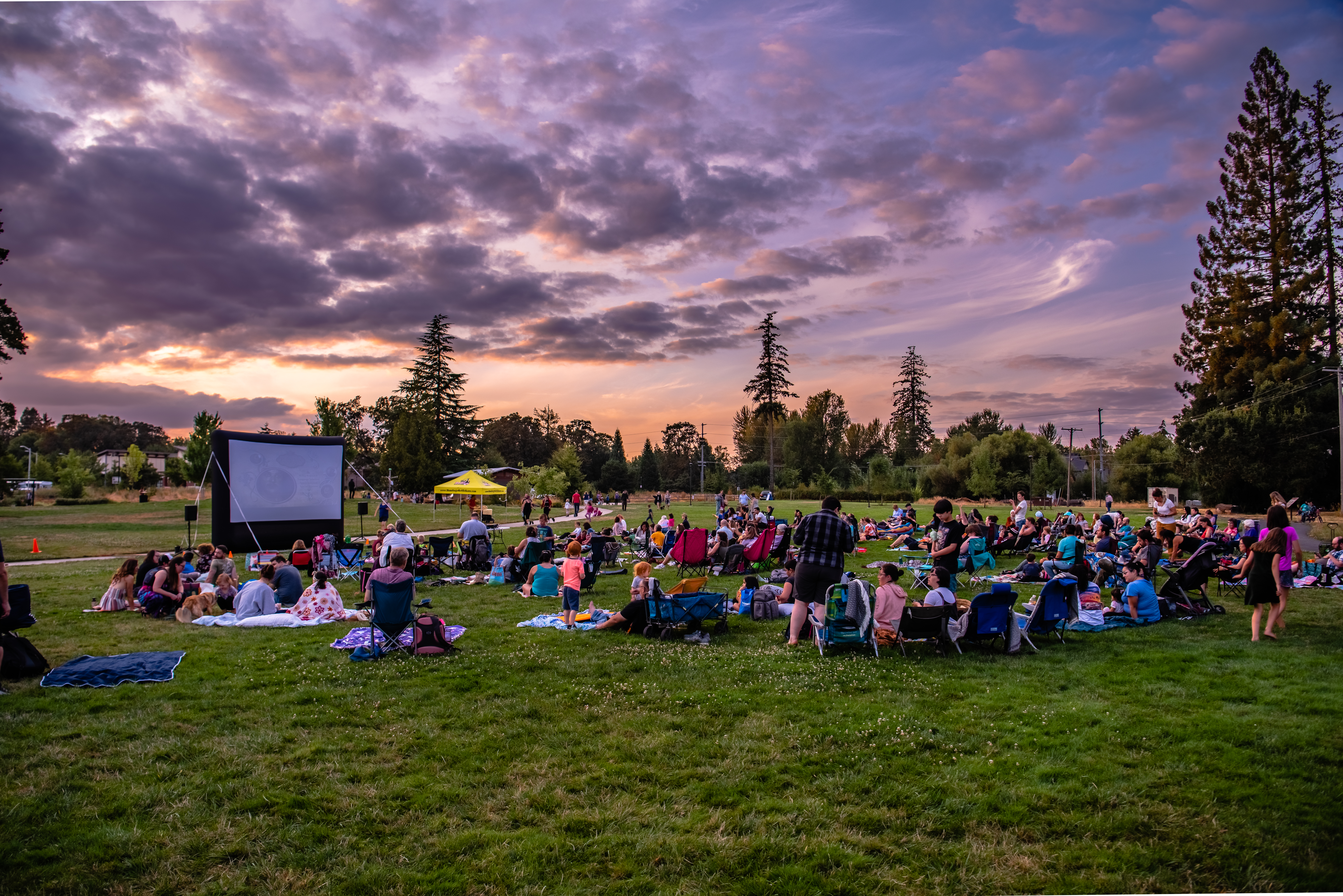 People gathered around an outdoor screen watching a movie at a park.