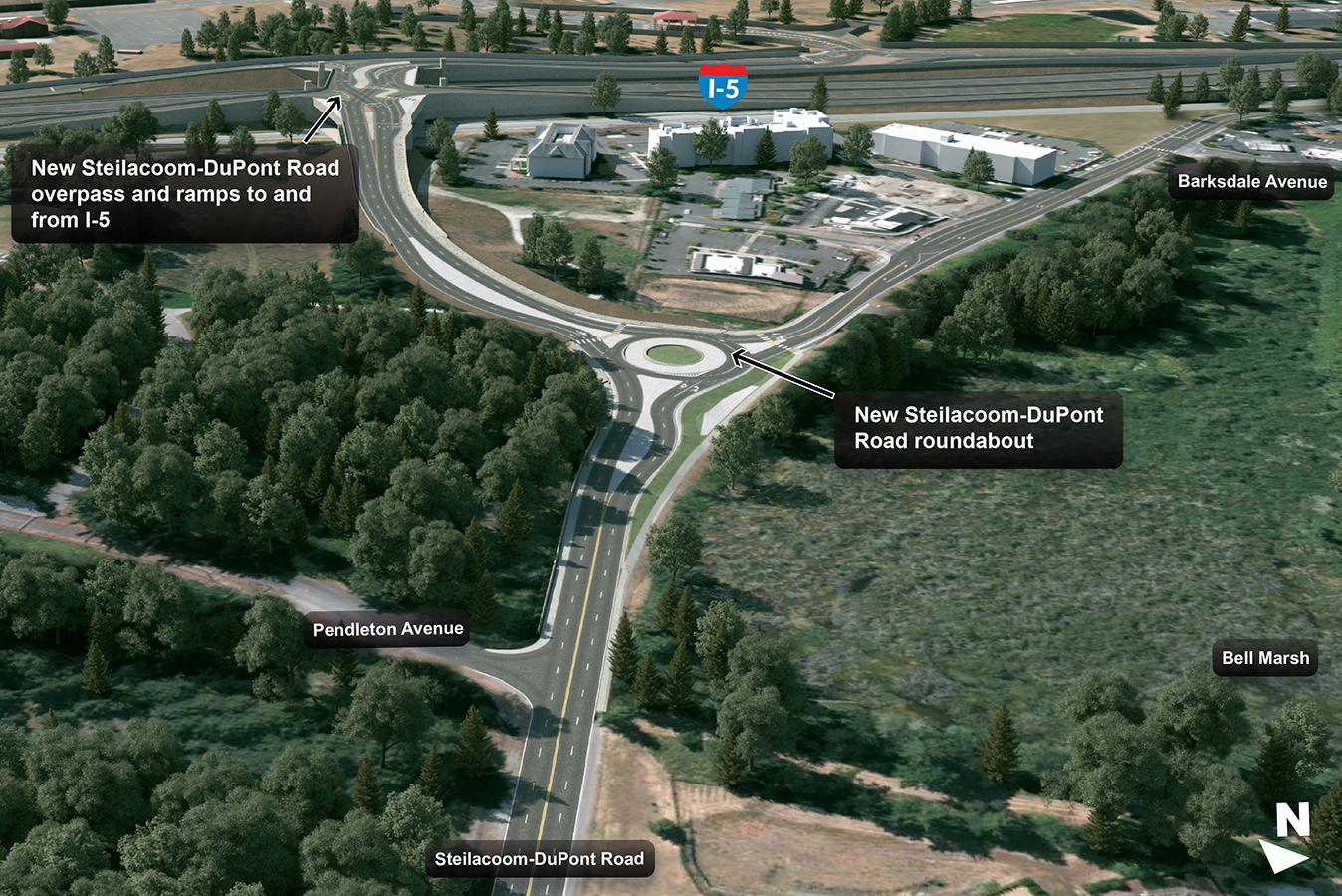 Fotografía aérea que muestra las ubicaciones del nuevo paso elevado de Steilacoom-DuPont Rd y las rampas hacia y desde la I-5 y la nueva rotonda de Steilacoom-DuPont Rd.