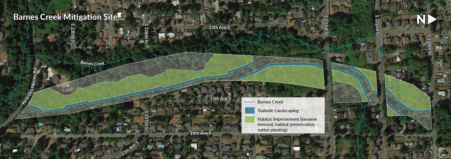 Un mapa con el render conceptual del proyecto de restauración de humedales de Barnes Creek. Los límites del proyecto van de Kent Des Moines Rd a South 220th Street. Hay 4 tipos de restauraciones marcados con diferentes tonos de verde. 