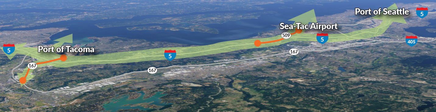 Bản đồ này hiển thị các đoạn của SR 167 và SR 509 sẽ hoàn thành trong chương trình Puget Sound Gateway
