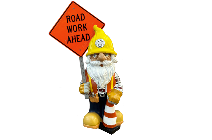 Construction Gnome holding a sign that says Road Work Ahead