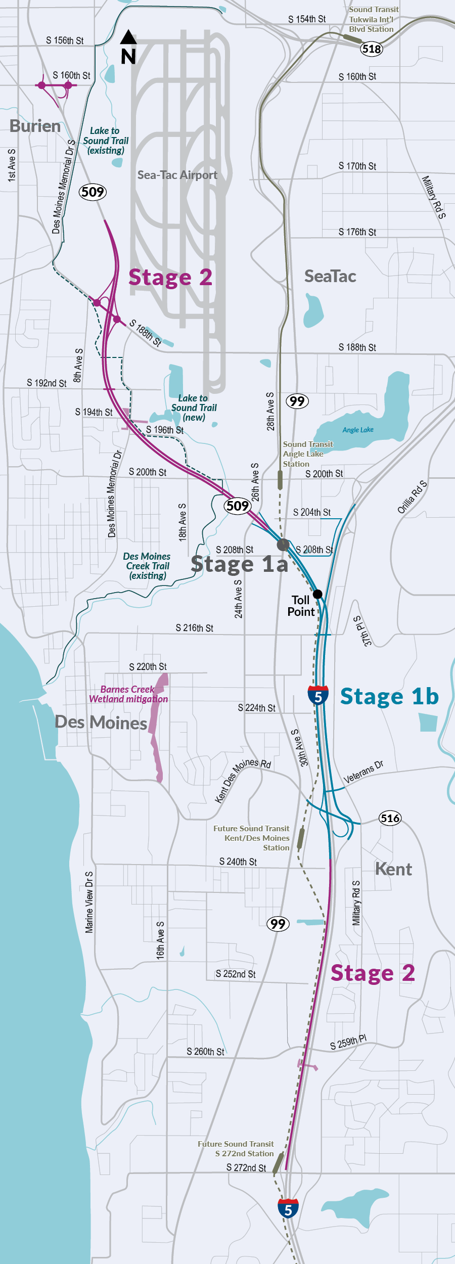 Bản đồ minh họa khu vực Dự án Hoàn thành SR 509. Dự án kéo dài từ South 160th Street ở Burien đến South 272nd Street ở Kent. Giai đoạn 1b kéo dài từ 24th Avenue South ở SeaTac đến SR 516 ở Des Moines. Giai đoạn 2 bao quanh Giai đoạn 1b, kéo dài về phía bắc từ 24th Avenue South đến South 160th Street và kéo dài về phía nam từ SR 516 đến South 272nd Street. Bản đồ này cũng đánh dấu điểm cải tạo vùng đất ngập nước phía đông hành lang dự án tại Barnes Creek ở Des Moines.