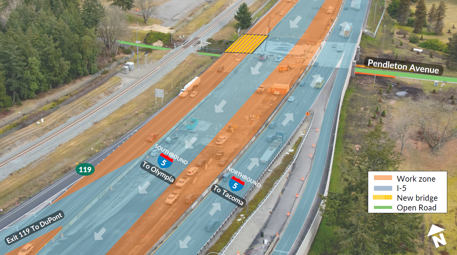 Una foto aérea muestra los cambios de carril en la Interestatal 5 a la altura de la Avenida Pendleton. La I-5 en dirección sur se desplaza hacia el interior de la vía, mientras que la I-5 en dirección norte se desplaza hacia el exterior.