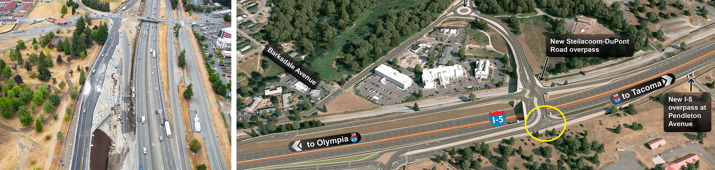 A la izquierda, el nuevo paso elevado forma parte de la construcción de la I-5 en JBLM y DuPont. La nueva rampa incluye una chicana para reducir la velocidad de los viajeros antes de incorporarse. A la derecha, una visualización del diseño muestra cómo la chicana se integra en el plan general.