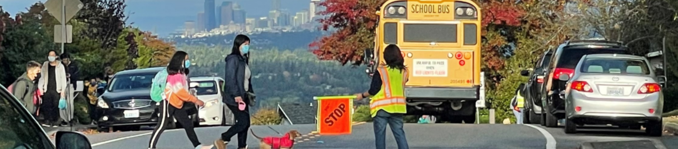 People in a crosswalk with a crossing guard. A school bus and trees in the background.