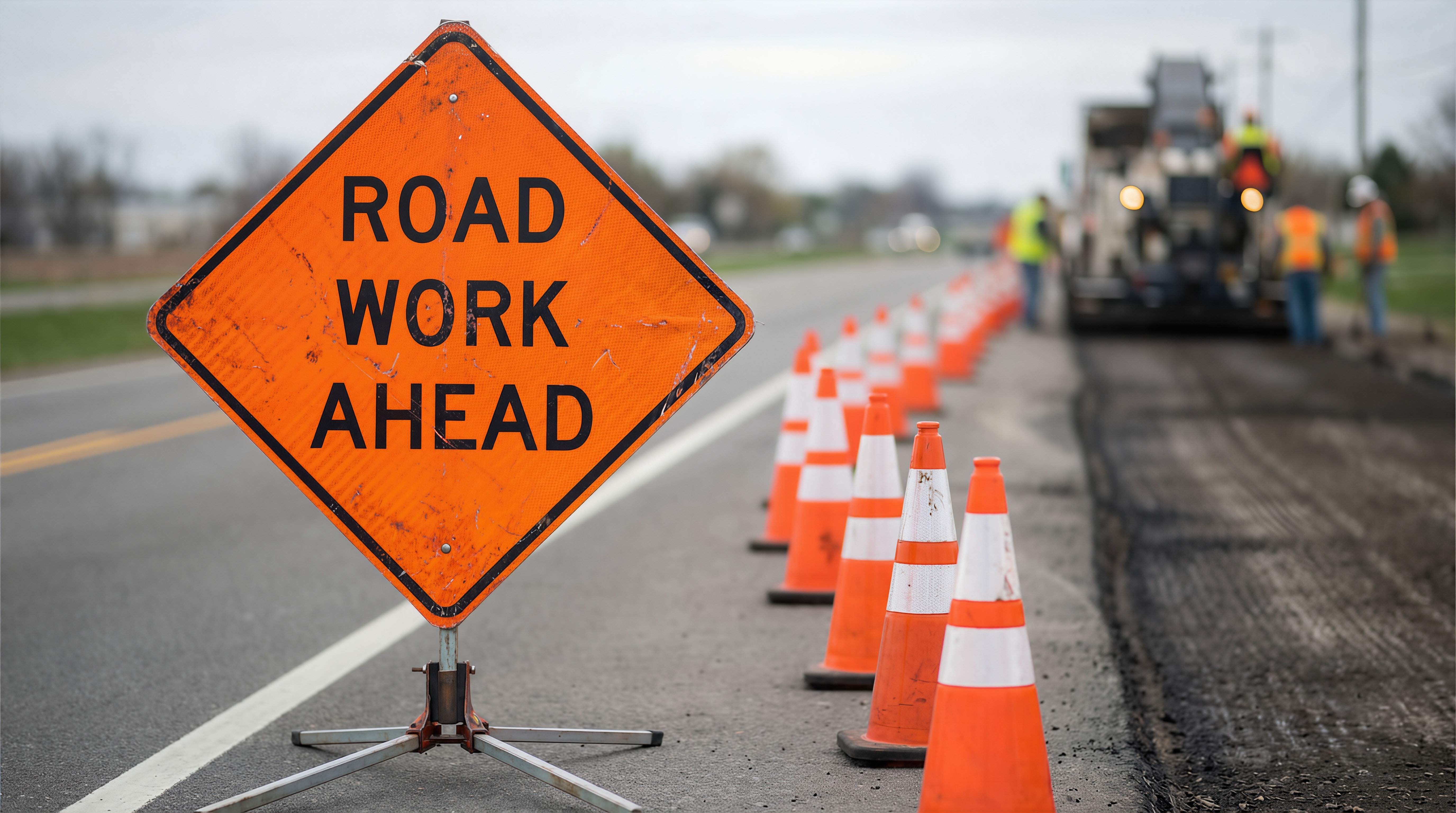 Road Work Ahead Sign with reclaim in the background