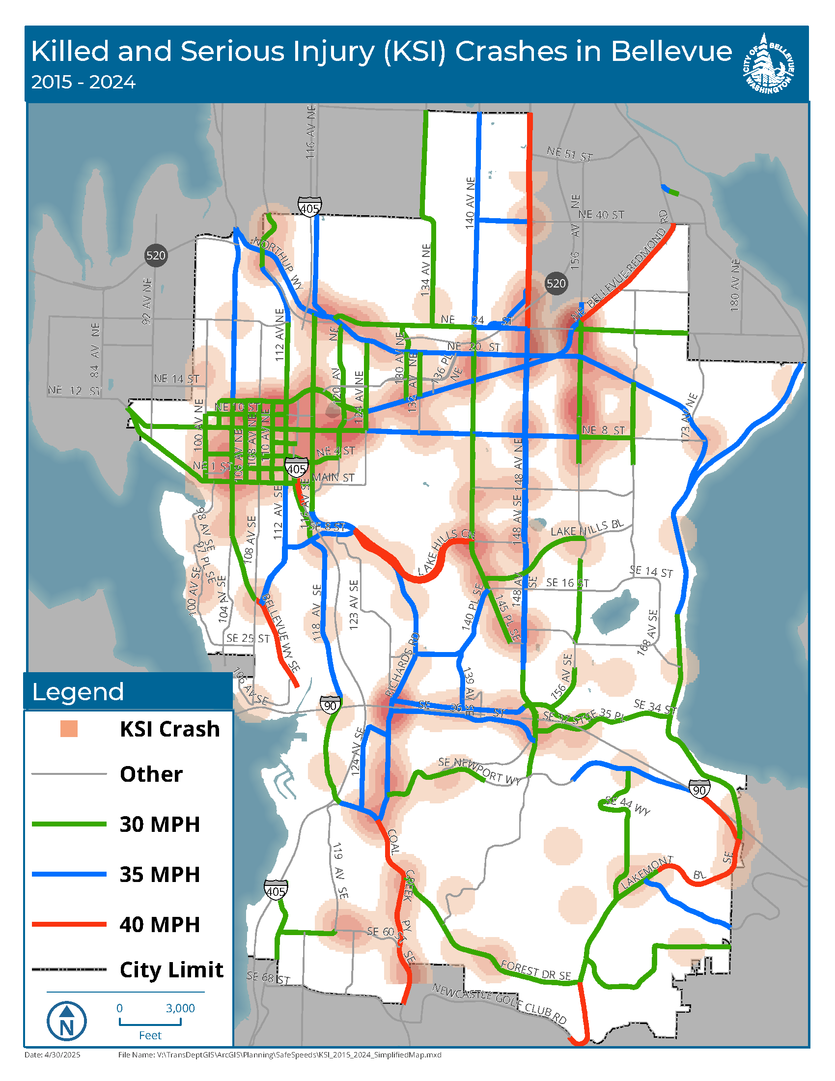 A map showing crashes where people were killed or seriously injured on Bellevue streets plus 30+ mph speed limits.