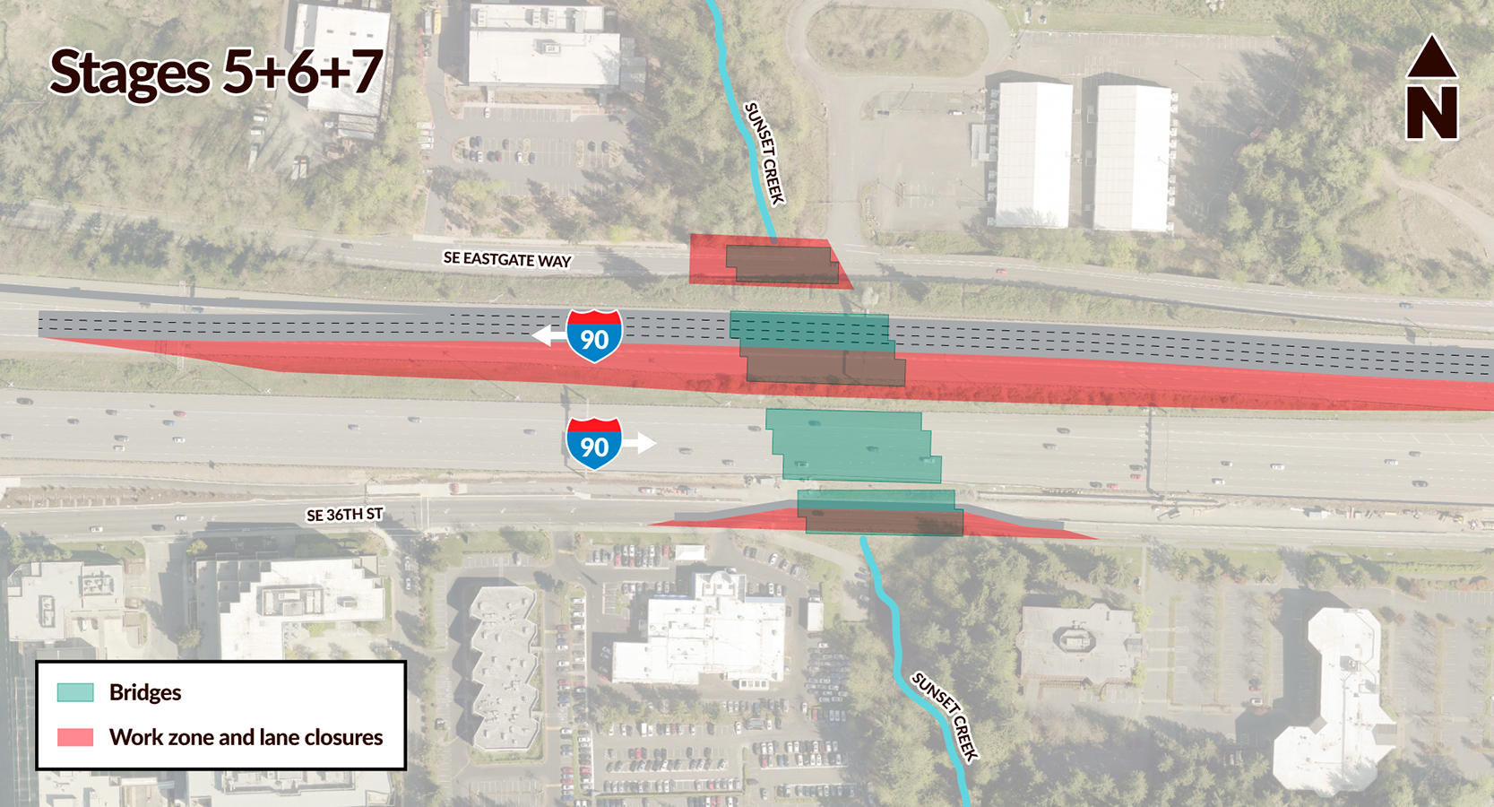 I-90 West Fish Passage – Etapas de construcción de Sunset Creek 5, 6 y 7