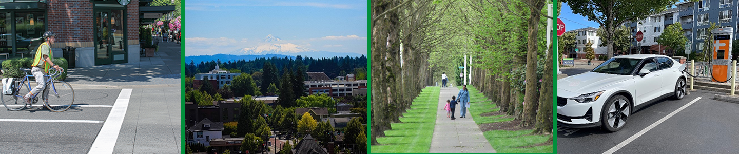 bicycle commuter, view of Mount Hood over Hillsboro, tree-lined walkway, an electric vehicle charging