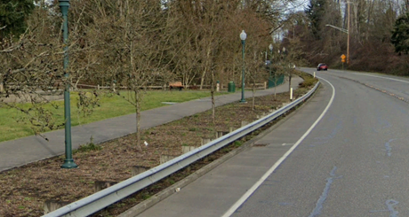 una carretera curva con un camino de uso compartido que la bordea, separado por una franja de vegetación estrecha y una barandilla metálica. 