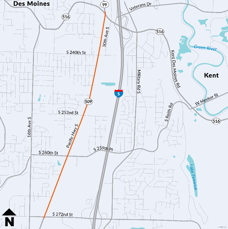  un mapa que muestra una línea naranja que representa la ubicación del proyecto en la SR 99 desde South 272nd Street hasta la SR 516.