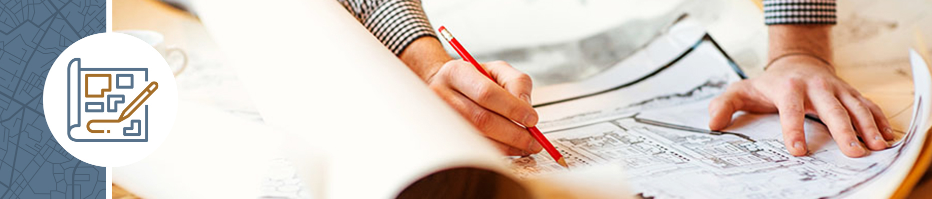 Planning Development icon next to picture of a person holding a pencil over a site plan document.