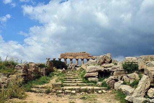 background depicting temple ruins at Selinunte, Sicily