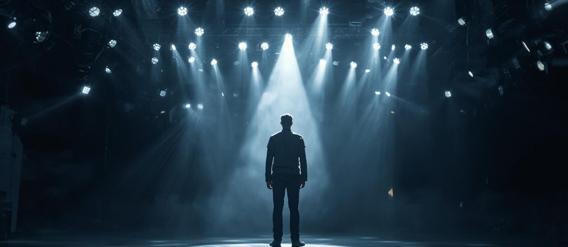 La salud mental de los famosos: vivir bajo el escrutinio público celebridad en un escenario iluminado, con sombra que representa el escrutinio mediático