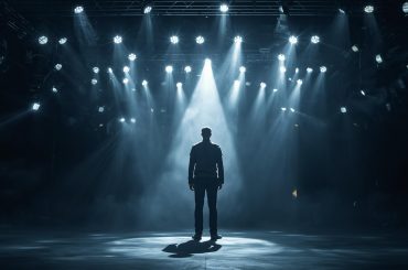 celebridad en un escenario iluminado, con sombra que representa el escrutinio mediático