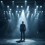 celebridad en un escenario iluminado, con sombra que representa el escrutinio mediático