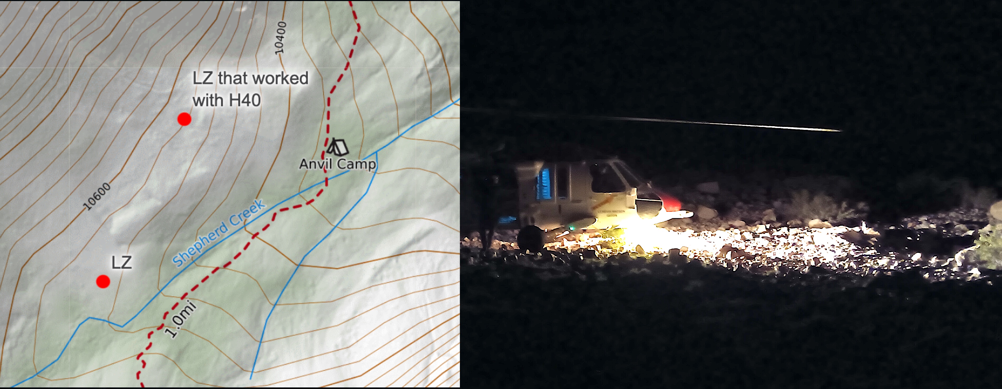background image of helicopter at night landed in a field of rocks with a map image of landing zones marked on the topo map