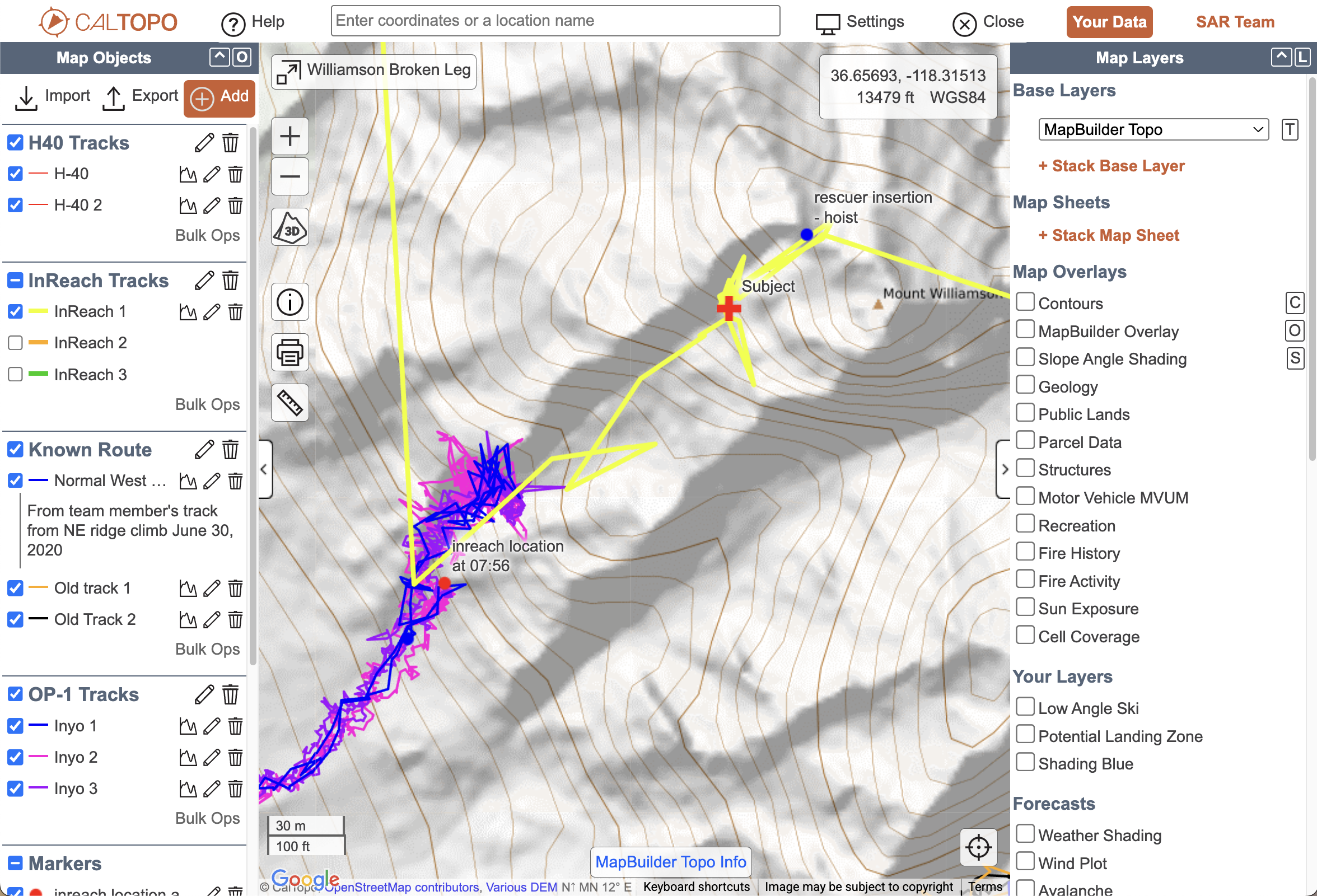 caltopo web interface with app tracks and inreach tracks from the mission