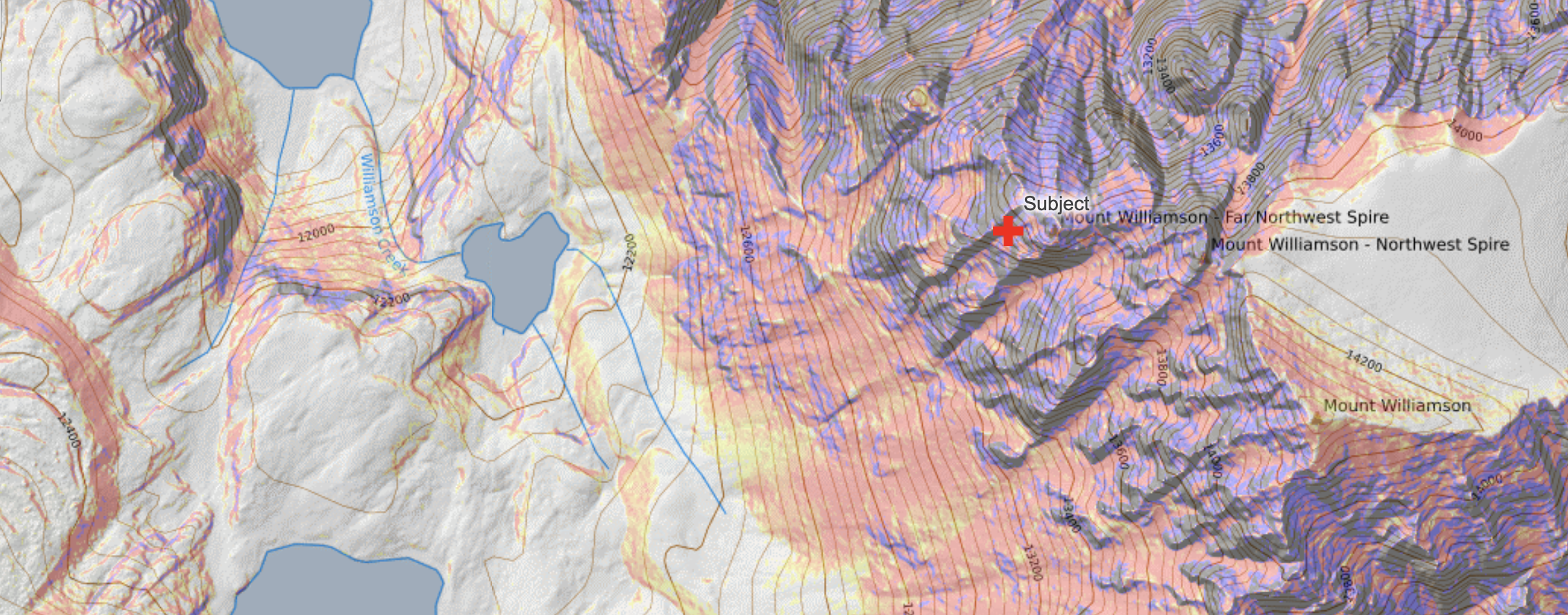 topo map with slope angle shading and subject marker