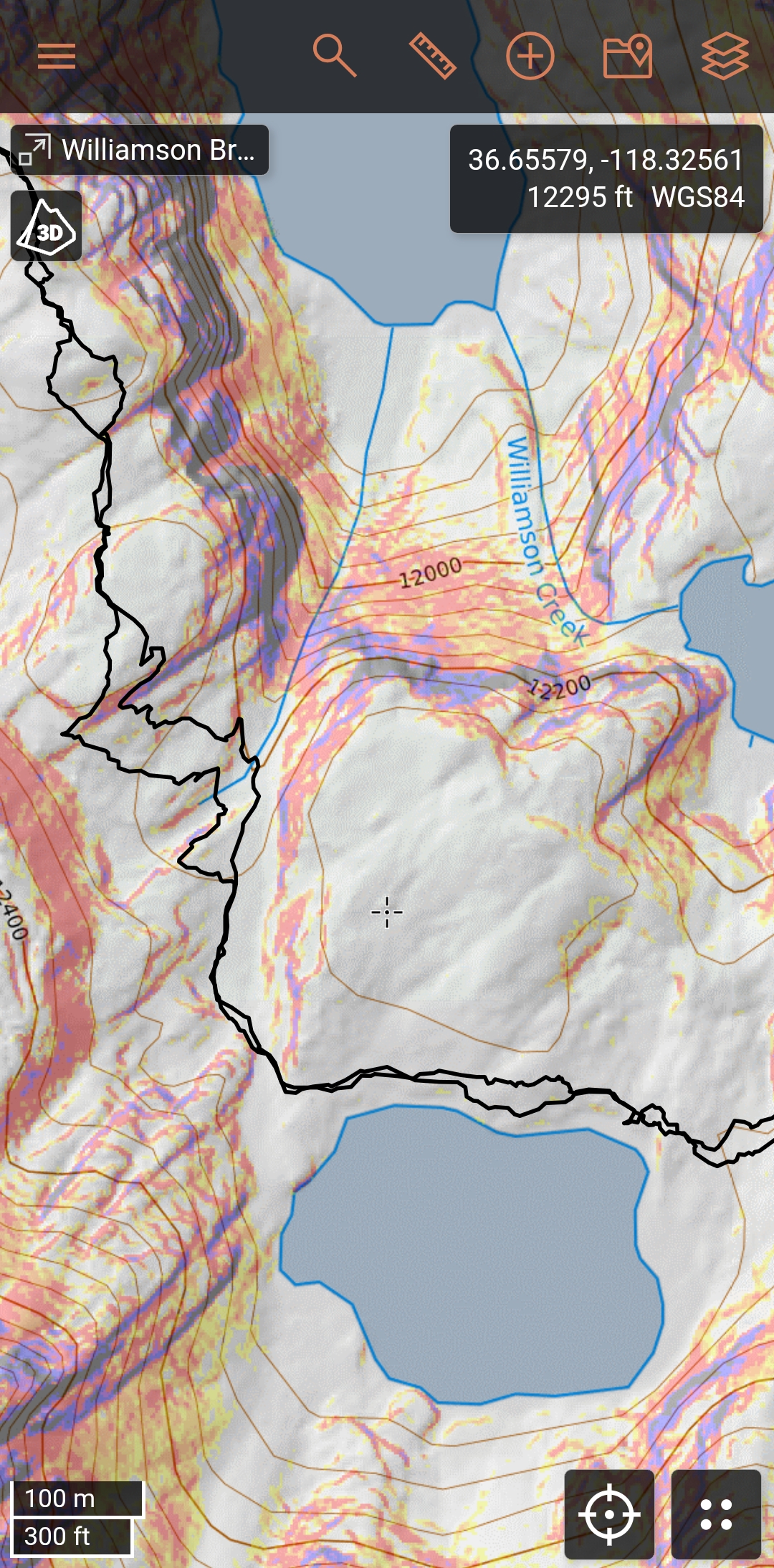 mobile app screen with a topo map and slope angle shading. tracks drawn over the topo lines