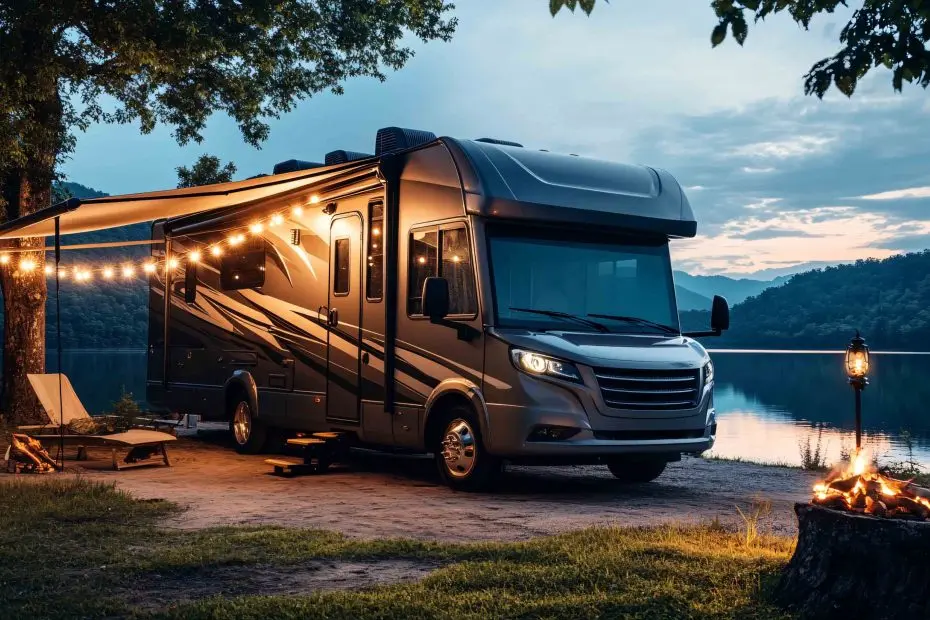 rv parked by a lake