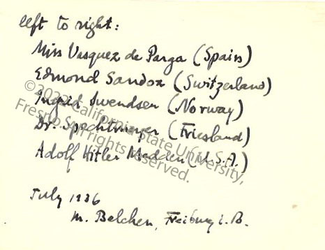Back, 'July 1936, M. Belchen, Freiburg' - Madden posing with four persons, July 1936