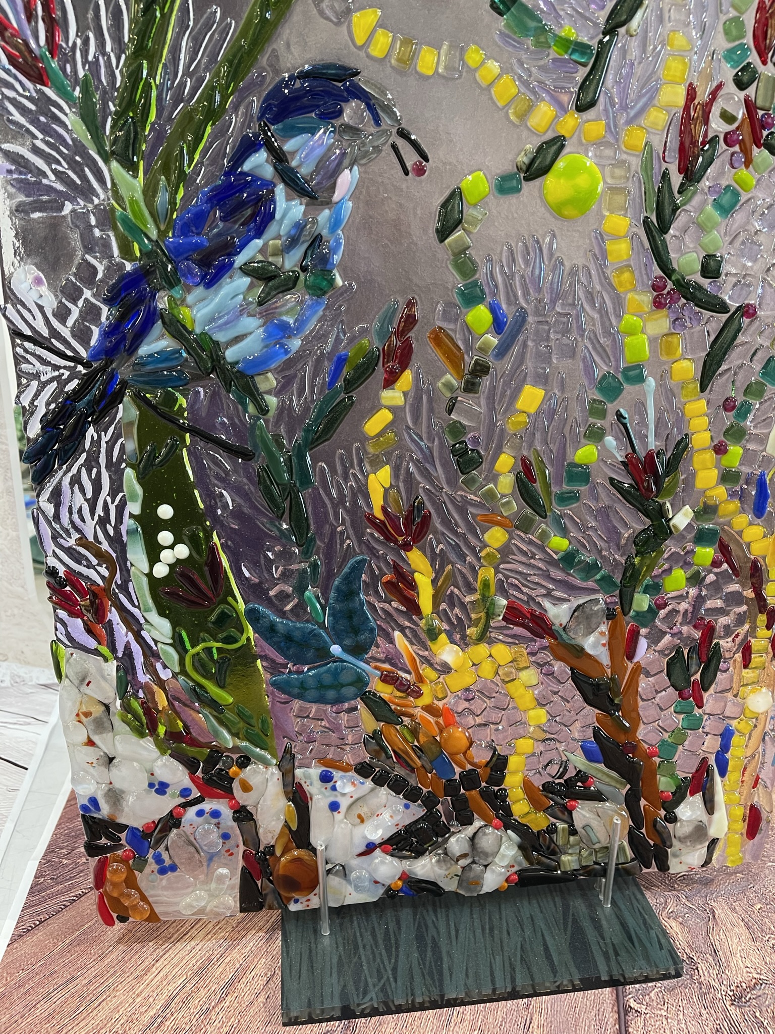 Bird In The flowers Fused Glass Art - Image 4
