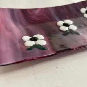 Little White Flowers on Cranberry Tray 5″ x 9″ - Fused Glass