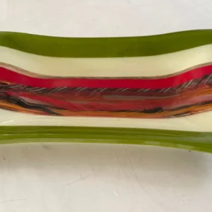 Green and Cream Tray with Red, Black and Brown Center 12″ x 7″ - Fused Glass