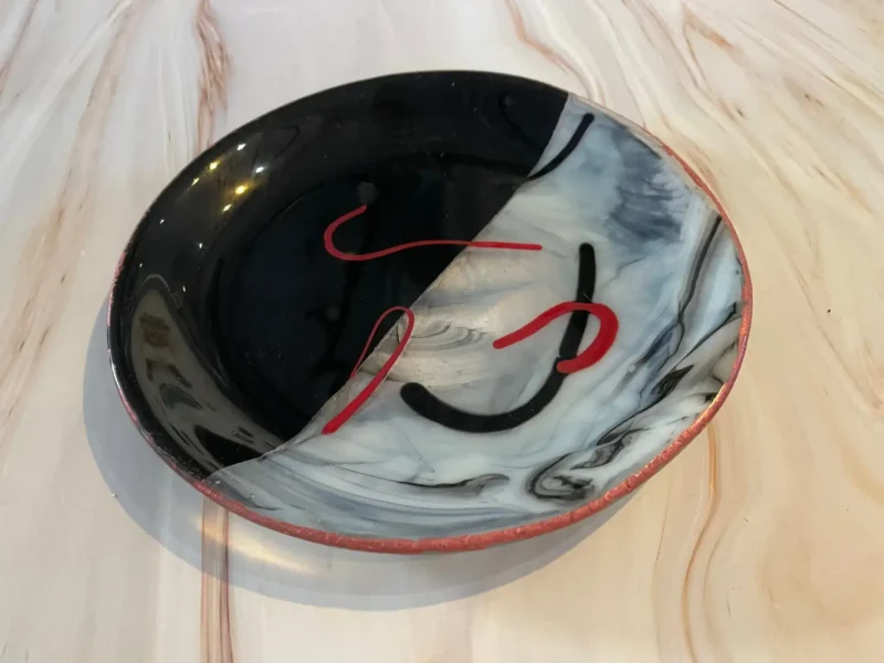 Plate – Black, White, Gray and Red 9″ - Fused Glass
