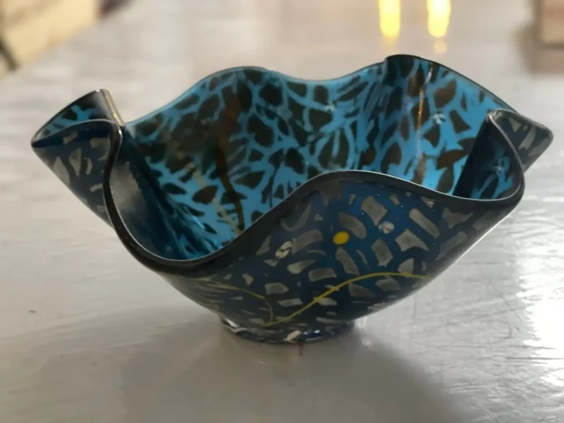 Blue and Black Bowl 11″ Circular Bowl x 5″ - Fused Glass