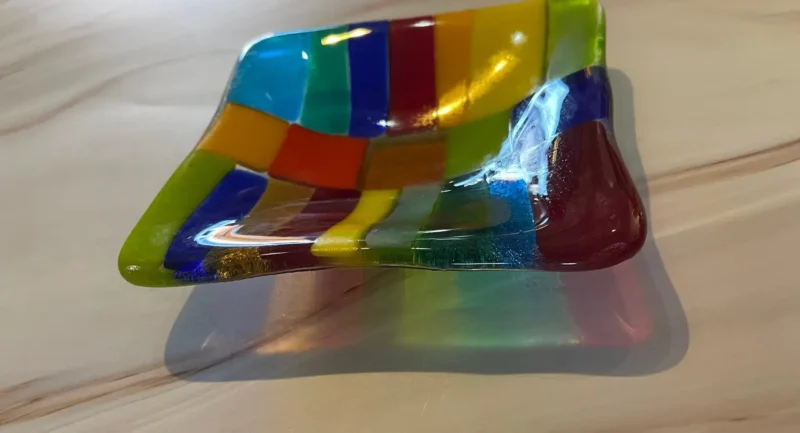 Small Dish with Multi-colored transparent strips 5" x 5" - Image 2