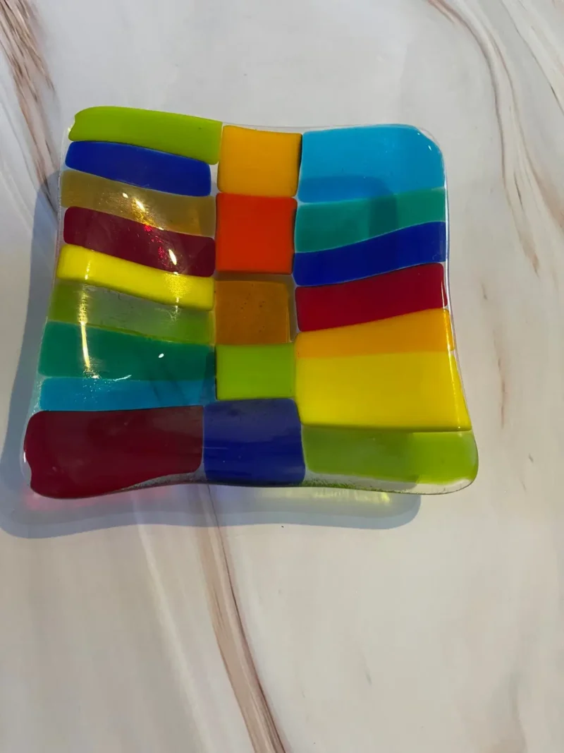 Small Dish with Multi-colored transparent strips 5″ x 5″ - Fused Glass