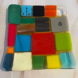 Small Dish Multi-colored squares 6″ Square - Fused Glass