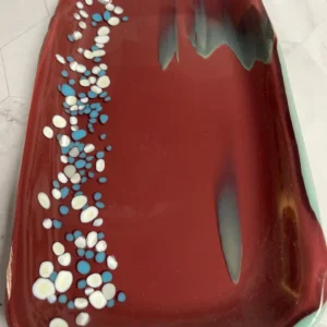 Burgundy Tray with Turquoise and white accents 9″ x 5″ - Fused Glass