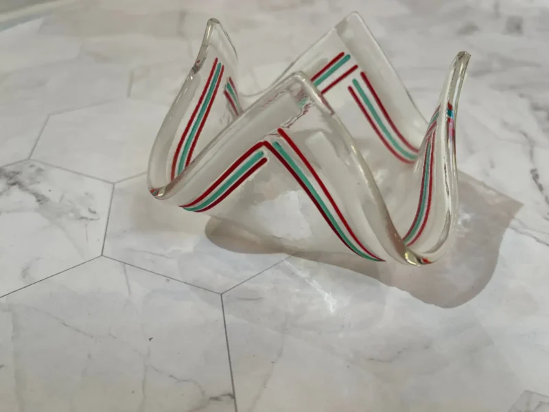 Votive Candle Holder with White and Red Stringers as Decor 4″ x 4″ - Fused Glass
