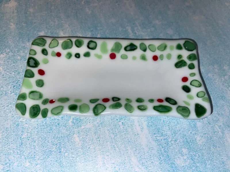 Christmas Tray – white with green and red 8″ x 4″ - Fused Glass