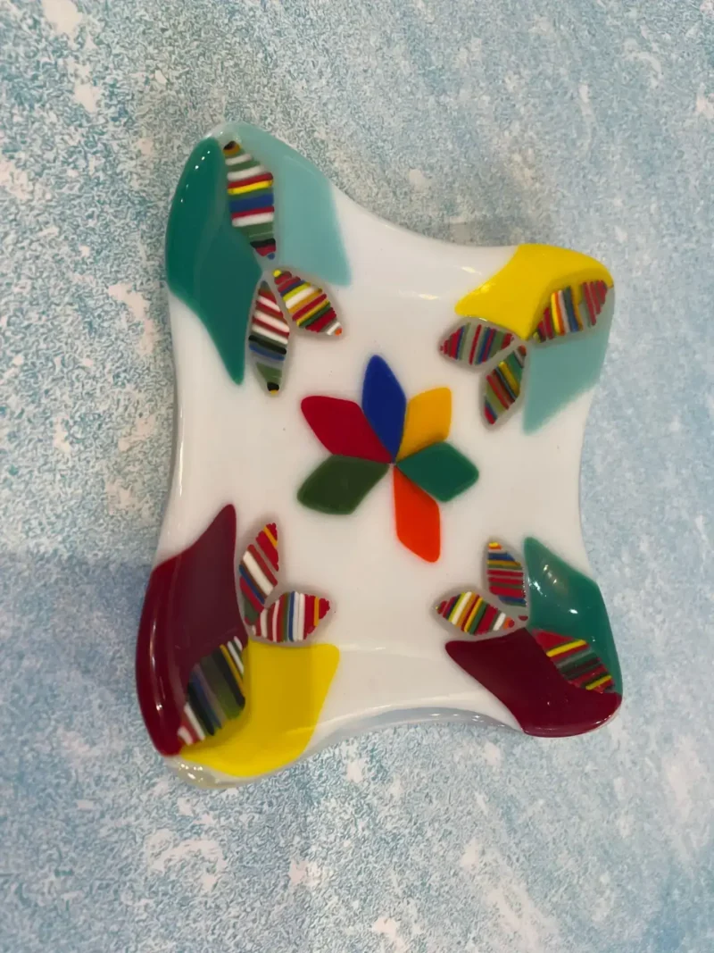 White Dish with multi-colors 6″ Square - Fused Glass