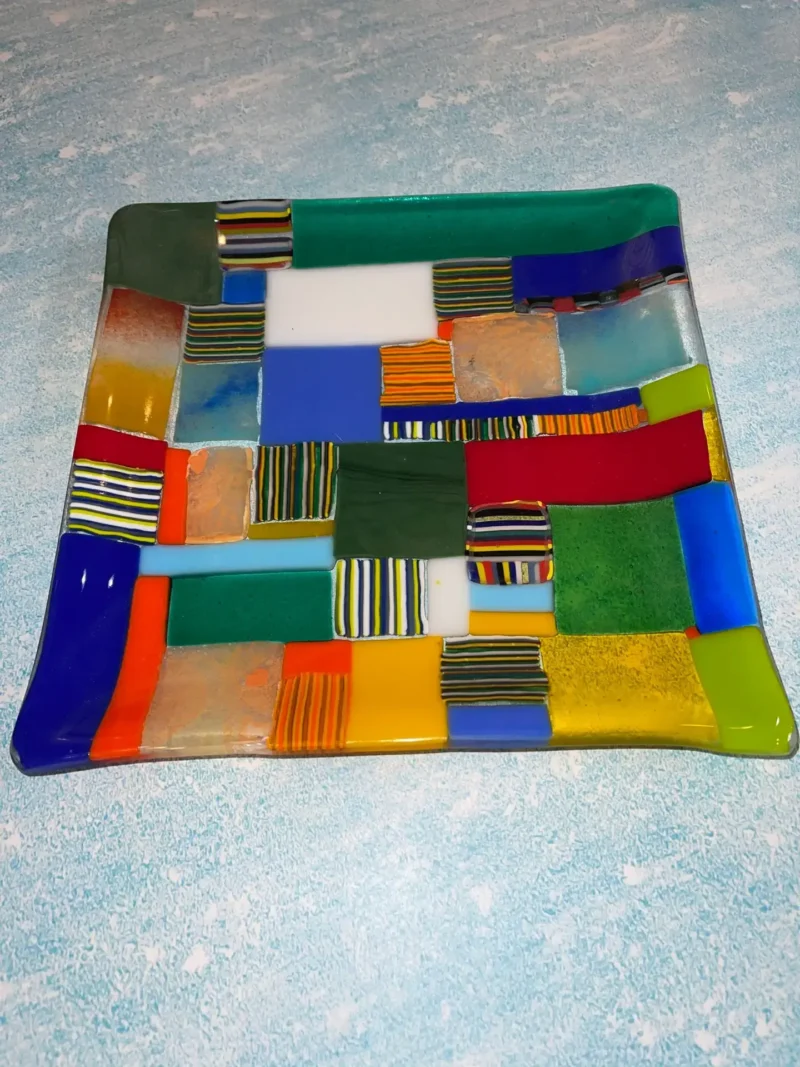 Multi-colored plate with geometric designs 9.5″ x 9.5″ Square - Fused Glass
