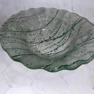 Clear Bowl with Green Stringers, Crushed Glass and Ruffled Edges 10″ Round - Fused Glass