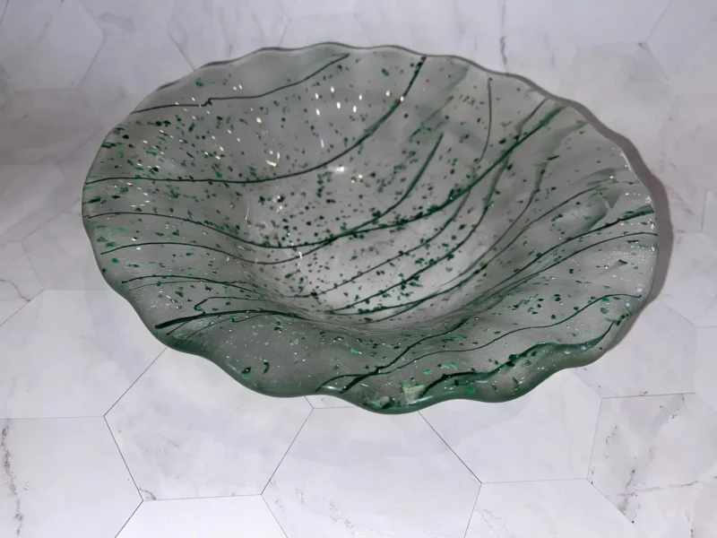 Clear Bowl with Green Stringers, Crushed Glass and Ruffled Edges 10″ Round - Fused Glass