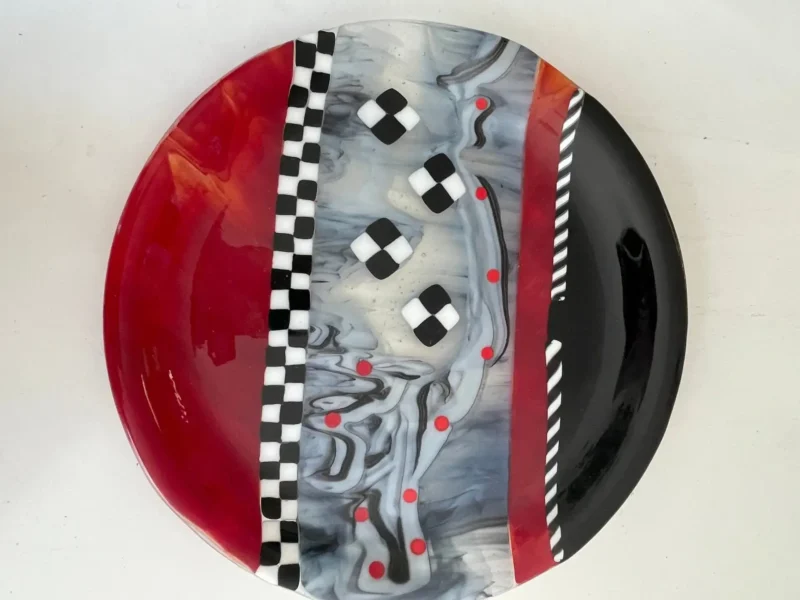 Red, Black and White with Racing Checkerboard Tray 12″ Round - Fused Glass