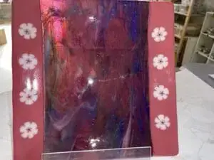 Cranberry Blend in the Center with White Flowers on the Pink Boarders 12″ Square - Fused Glass