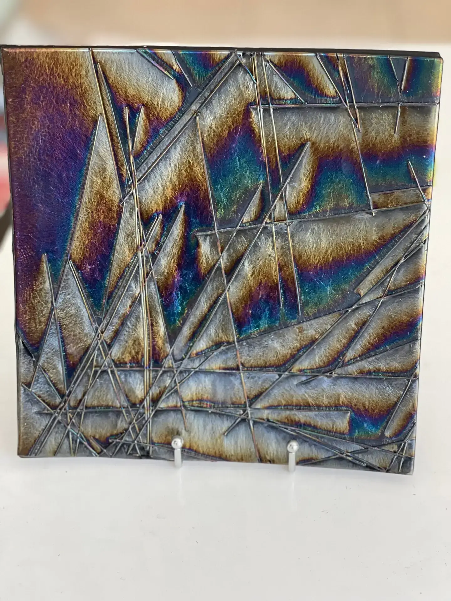 Colorful Iridescent Plate with Strips of Dichroic Glass - Fused Glass