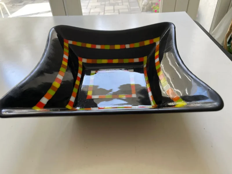 11″ x 11″ Square Bowl Black with Colorful Strips - Fused Glass