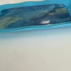 Blue Tray with Watercolor Display in the Center 6 1/2″ x 12″ - Fused Glass