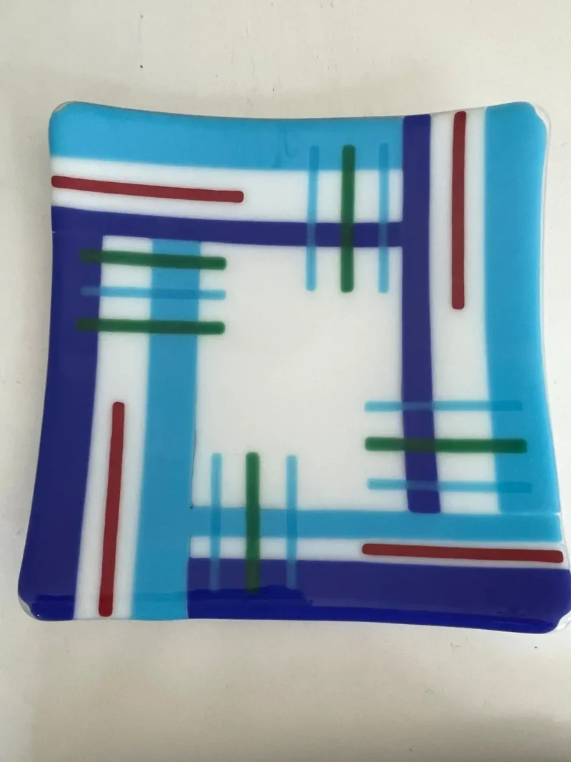 White Plate with Blue, Red, and Green Stripes 12″ x 12″ - Fused Glass