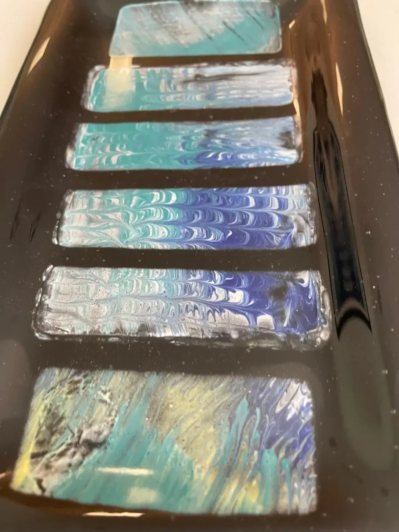 Black Tray with Blue and Green Swirls 7″ x 12″ - Fused Glass